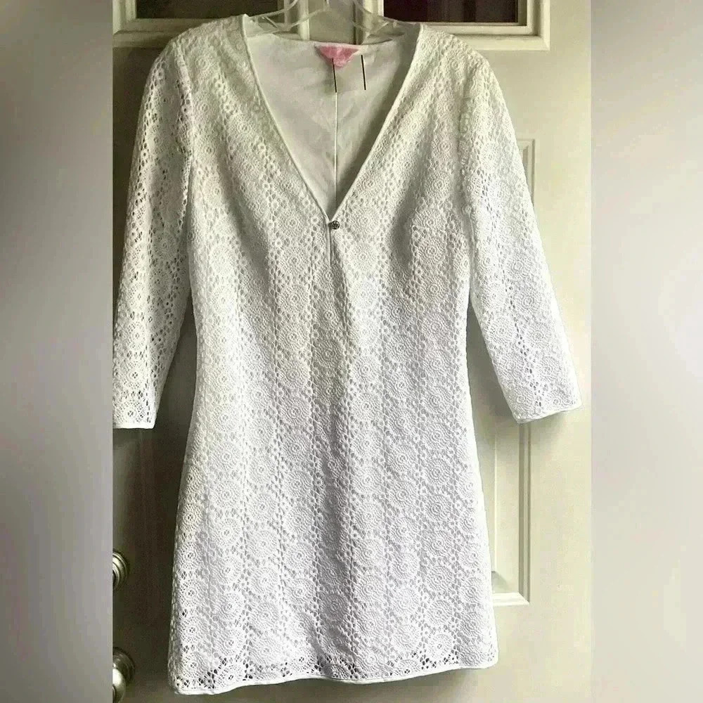 Lily Pulitzer white lace V-Neck 3/4  sleeve Mini dress Size Small fully lined